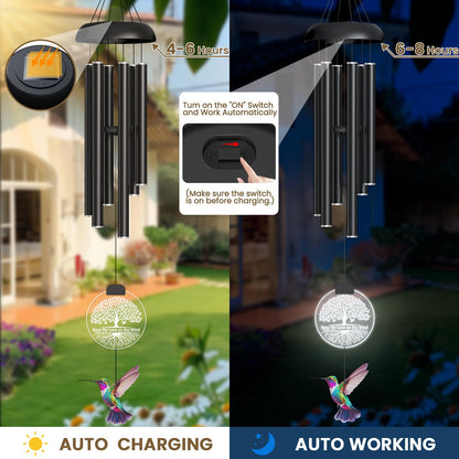 37" Solar Wind Chimes for Outside, Memorial Wind Chimes with Solar Powered Acrylic Lights & Hand-Painted Hummingbird – Sympathy Gift for Loss of Loved One, Outdoor Wind Chimes for Garden, Patio, Yard