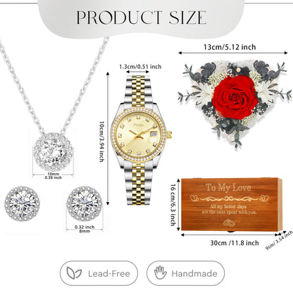 Birthday Gifts for Women-Preserved Roses Jewelry Set 925 Sterling Silver Necklace Earrings,Watches for Women,Wooden Jewelry Organizer-Mother’s Day, Anniversary,Thanksgiving,Christmas,Graduation Gifts (interior and LOVE words)