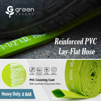 Green Expert 1.5 Inch ID PVC Lay-Flat Discharge Hose Sump Pump Accessory, 25 ft Basement Drain Hose for Water Removal, Steel Clamp Kit Included