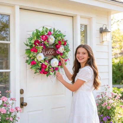 Pinkpuii Spring Wreaths for Front Door Outside– 24 Inch Spring Summer Wreath with Vibrant Pink Peony,Tulip & White Rose Flowers and Hello Wooden Sign,Ideal for Farnhouse Porch,Wall,Window Décor