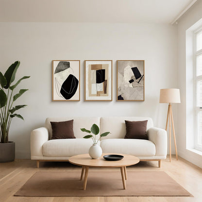 DRACIT Abstract Modern Geometric Framed Canvas Wall Art Set,Neutral Tone Beige Black Brown Wall Decor,Minimalist Textured Line Shape Artwork for Living Room, Bedroom,Farmhouse-24 x36 x3