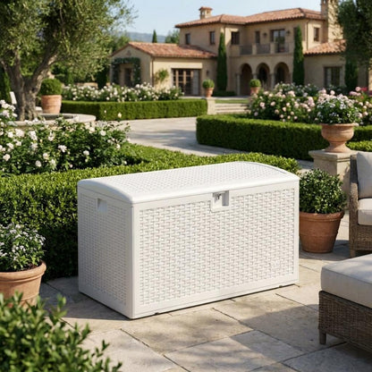 73 Gallon Waterproof Large Resin Deck Box Indoor Outdoor, Lockable Storage Container for Patio Furniture Cushions, Throw Pillows, Garden Tools, and Pool Floats, White