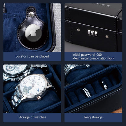 KAMIER Watch Case with Combination Lock - 4 Watch Storage and Jewelry Organizer - Watch Travel Case for Ring and Watch Storage, PU Leather Travel Watch Case, Ideal for Gift (With Gift Box),Black