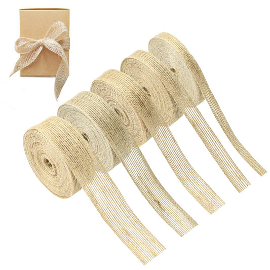 Stiesy Burlap Fabric Ribbon, 5 Rolls Natural Jute Twine for Craft Making Gift Wrapping, 5 Styles Rustic Wedding Decorations, 3/8 to 1-1/4 Inch Tan Ribbon Rolls
