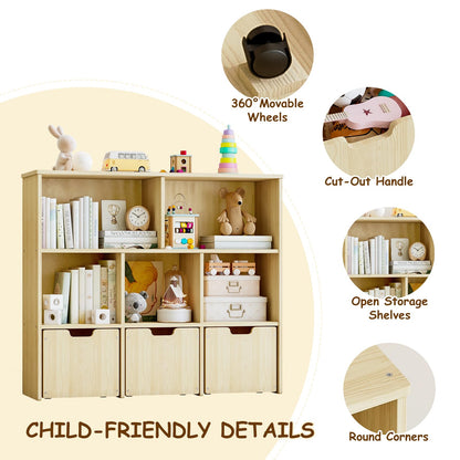 EXPERLAM Toy Storage Organizer, Toy Organizer with 3 Movable Drawers and 5 Storage Cubes, Toy Storage Chest with Hidden Wheels, Kids Bookshelf for Playroom, Burlywood