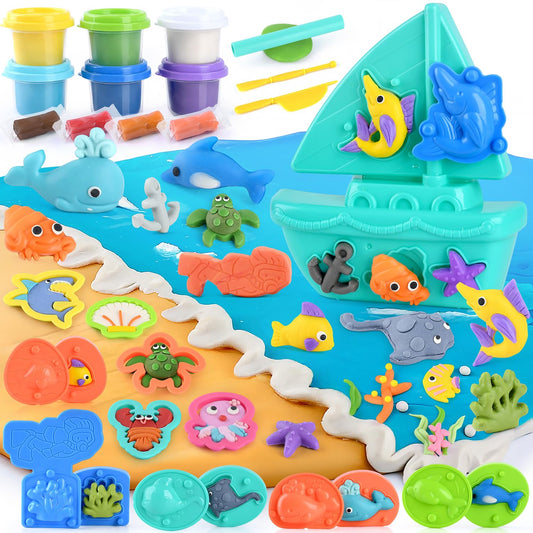PLAY Ocean Color Dough Kit with Sea Animals Molds, Under the Sea Toys Set for Sensory Play - Boat Whale Shark Crab Fish Cutters, Educational Arts and Crafts Gift for Kids 3 4 5 6 Year Old Boys & Girls