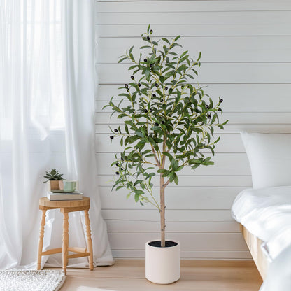 AQUGQ Olive Tree Artificial Indoor, 4ft Tall Silk Faux Olive Tree with White Planter, Artificial Plants with Natural Wood Trunk and Lifelike Fruits for Home Office Decor