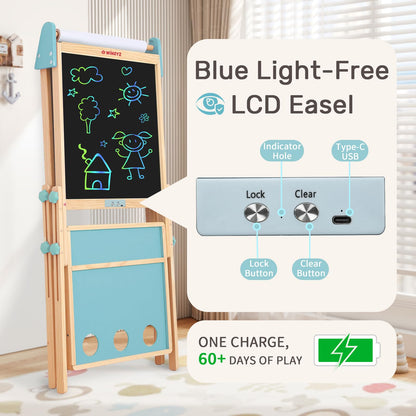 WINGYZ 24" LCD Easel for Kids, 3-in-1 Color Drawing Tablet with Blue Light-Free Screen, Whiteboard & Paper Roll, Adjustable Wooden Art Station for Ages 3-12, Mess-Free Creative Gift for Home & School