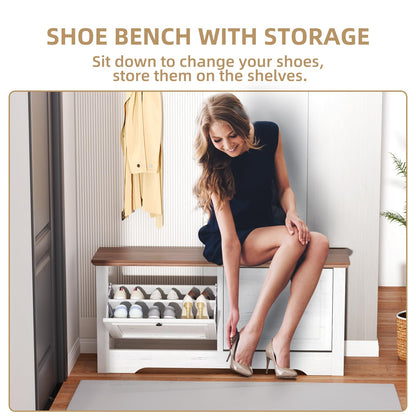TOOBVEST Shoe Storage Bench with Flip Drawers, Entryway Shoe Cabinet with Seat, Wooden Shoe Organizer Bench for Hallway, Foyer, Living Room, Small Space, White Walnut