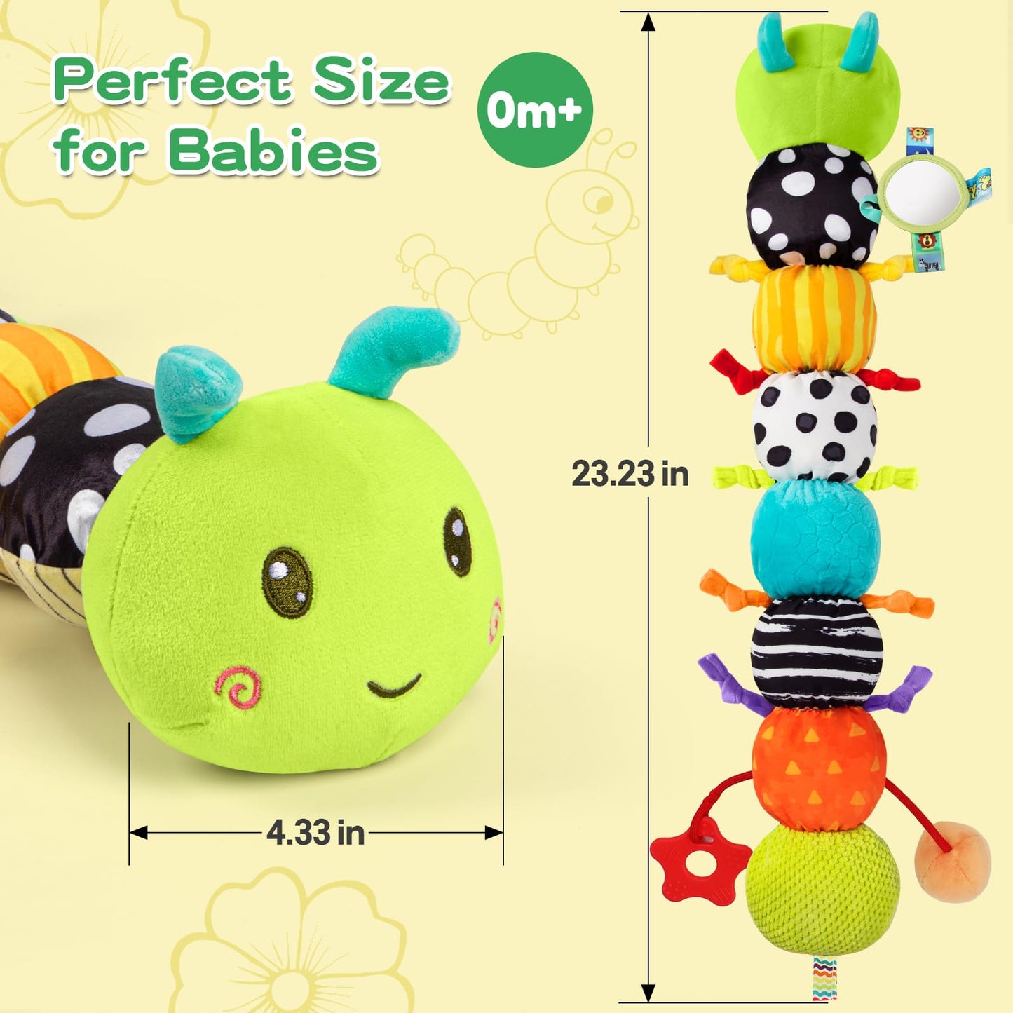 Baby Sensory Toys 0-6 6-12 Months, Musical Plush Animal Stuffed Caterpillar with Crinkle & Rattle, Tummy Time Toys for Infants Newborn 3 6 9 12 18 Months, Car Seat and Shower Gifts for Boys Girls