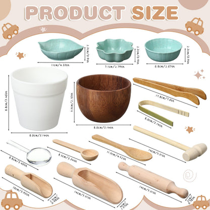 Tiangrid 14pcs Sensory Bin Tool Sensory Tools for Boys and Girls Fine Motor Skill Toys Wooden Tong Spoons Bowls Plate Hammer Magnifying Glass and Rolling Pin for Transfer Work and Fine Motor Learning