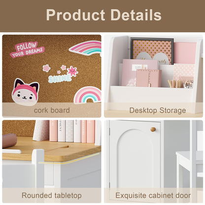 Treocho Kids Study Desk and Chair Set, Kids Desk with Hutch and Tiltable Desktop for 3-8 Years Old, Wooden Children Study Table with Storage Cabinet, Student Writing Desks, Home School, Natural