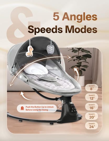 Baby Swing for Infants to Toddler, Baby Swing with 5 Point Harness, Support Music Playback, 5 Sway Speed, Electric Swing for Baby with Remote Control, Indoor & Outdoor Use (Gray)