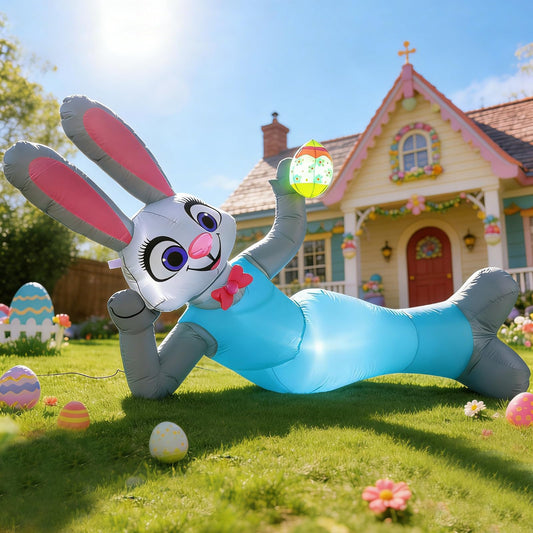 Elegear Easter Bunny Inflatable Outdoor Decoration, 6.9FT Lying Bunny with Colorful Egg, Lighted Easter Blow Up Yard Decor for Lawn, Garden, Holiday Party & Spring Display