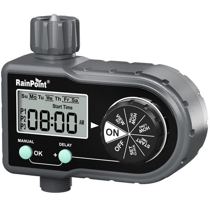 RAINPOINT Sprinkler Timer, Hose Timer with 3 Individual Programs, Water Timer for Garden Hose Faucet, Programmable Automatic/Manual Irrigation System, for Specific Days or Daily Outdoor Lawn Watering