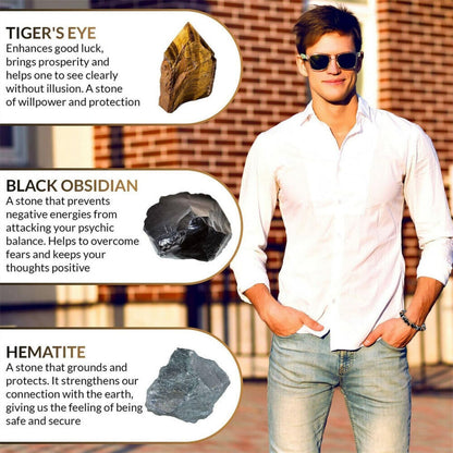 WEFRIN Triple Protection Bracelet for Bring Luck and Prosperity Hematite Black Obsidian Tiger Eye Stone Bracelets for Men Women, Beaded Buddha Rope Uni Bracelet (2pcs) (F)