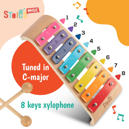 Stoie's Wooden Xylophone for Kids and Toddlers, Curved Design, 8 Notes of Rainbow Color, Tuned C-Key Xylophone with Mallets, Music Songbook, Kids Musical Instrument Educational Montessori Toys