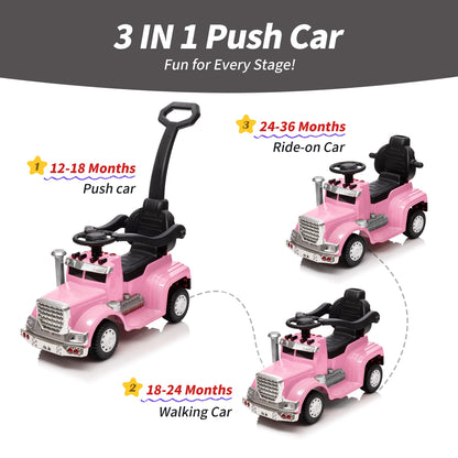 Outfunny 3-in-1 Ride on Push Car for Toddler with Handle, Toddler Ride on Toy for Girls Aged 1-3, Stroller Sliding Walking Car w/Music and Horn - Pink