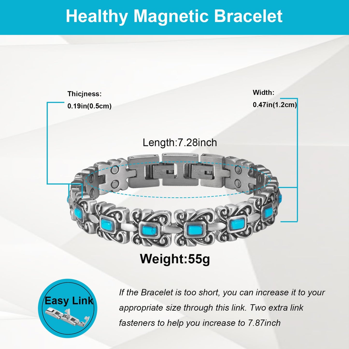 EnerMagiX Magnetic Bracelets for Women, Stainless Steel Blue Turquoise Magnetic Bracelet, Fashion Jewelry（2318）