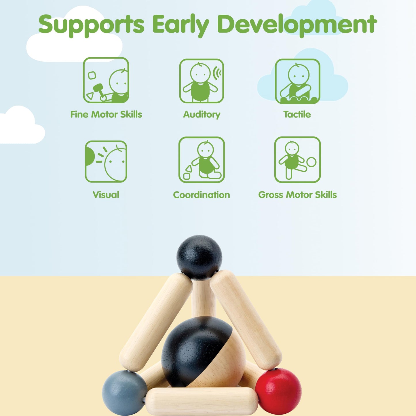 PlanToys® Wooden Triangle Clutching Toy | Montessori Inspired Infant Toy for Grasping, Sensory Play & Motor Skill Development | Eco Friendly Baby Rattle with Detachable Ball