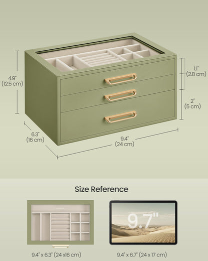SONGMICS 3-Layer Jewelry Box with Glass Window, Jewelry Storage Organizer with 3 Drawers, Golden Handles, for Rings, Earrings, Bracelets, Gift Idea, Sage Green, 6.3 x 9.4 x 4.9 Inches UJBC206CE01S