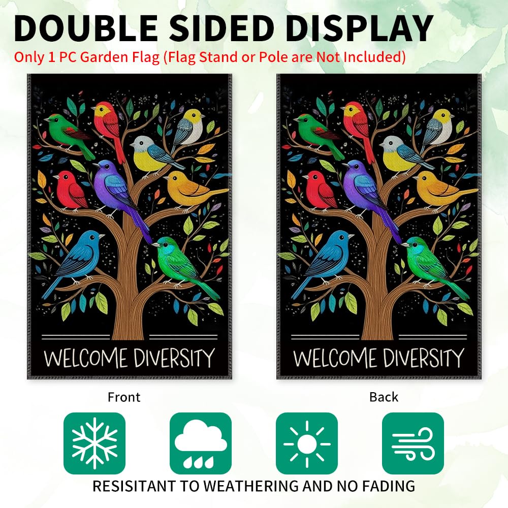 LAGZDFC Welcome Diversity Garden Flag Yard Decoration Gifts, Double Sided Farmhouse Outdoor Lawn Decor Yard Flag, Funny Rainbow Diverse Birds Welcoming Sign, Unity Equality Community Pride Flags