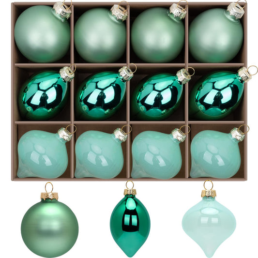 12 Pcs Green Glass Christmas Ball Ornaments Set, Assorted Hanging Baubles for Christmas Tree, Vintage Blown Green Decorations for Winter Holiday Xmas Tree Décor