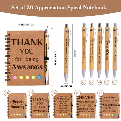 30 Sets Employee Appreciation Gifts Bulk Team College Graduate Thank You Gifts Inspirational Spiral Notebook with Sticky Note Motivational Bamboo Ballpoint Pens for Nurse Teacher Employees Coworker
