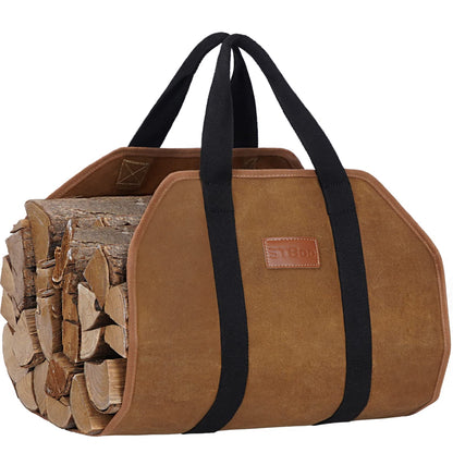 Waxed Canvas Firewood Log Carrier, Heavy Duty Sturdy Large Log Tote Bag for Fire Wood, Firepit Outdoor Camping, BBQ, Fireplace, Wood Stove Accessories,Brown