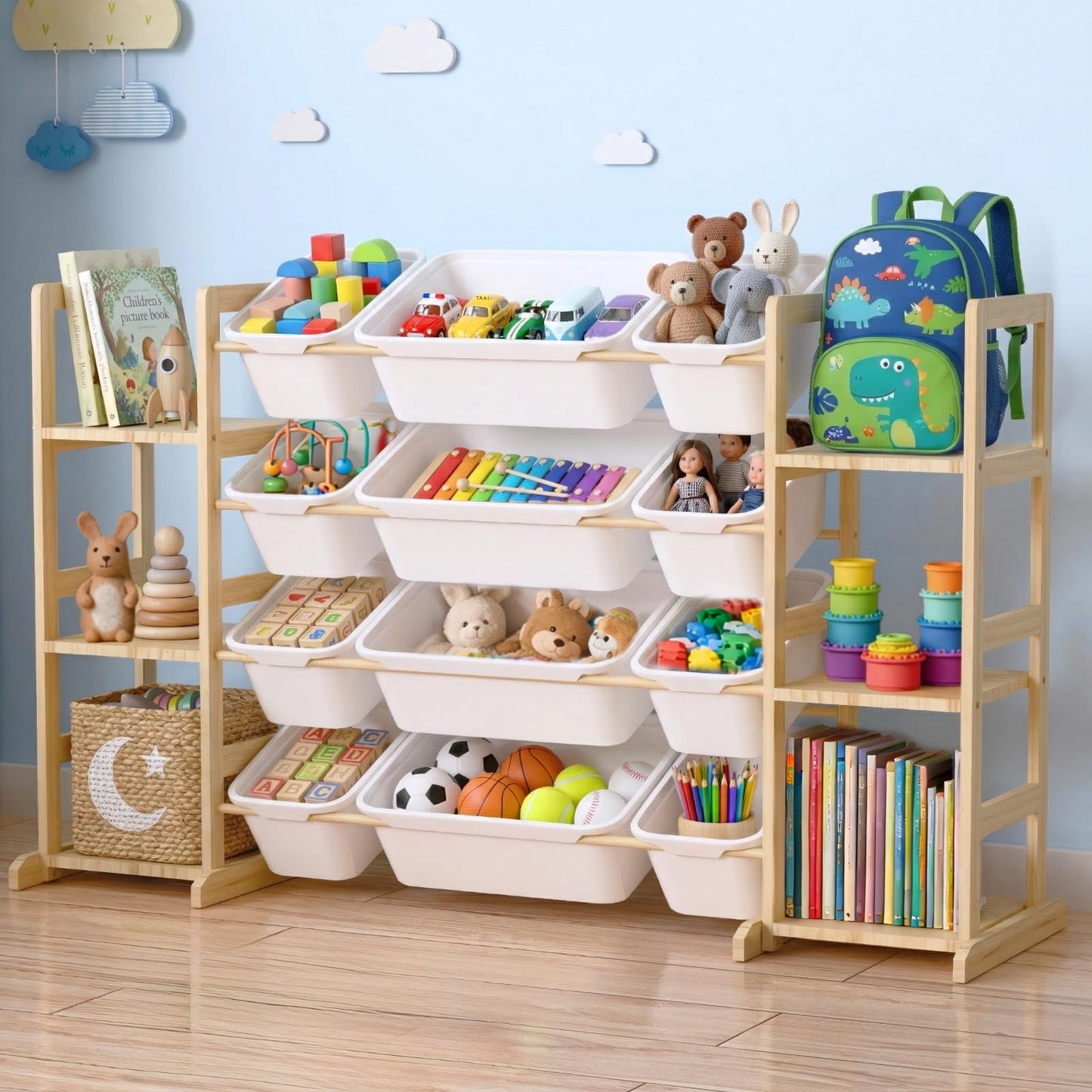 Dclavy Toy Storage Organizer with Bookshelf for Kids, Large Wooden Shelf with 12 Storage Bins & 6 Shelves, Toy Box Organization for Kids Rooms, Playroom, Nursery and Living Room