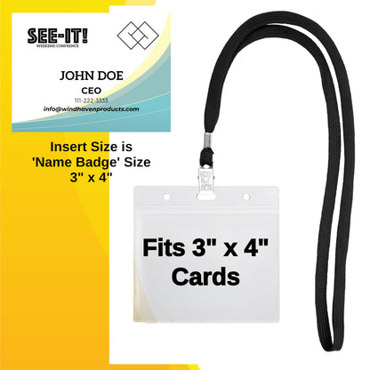 SEE-IT! 104 & 52 Qty Sets Badge Holders with Lanyards Name Tag Holders and Lanyards 3x4 Size Quick Load No Zipper Name Tag Badge id Holder Clear Plastic (104)