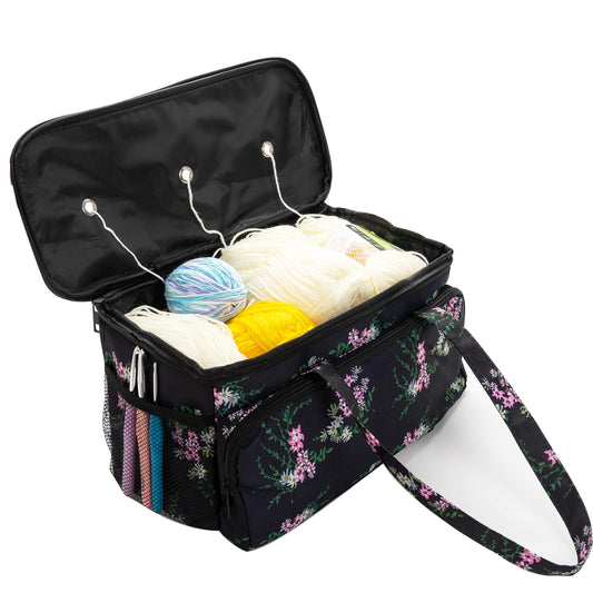 Ryhiac Yarn Storage Organizer Tote Bag Knitting Project Bag Yarn Holder Traveling Crochet Handbag Floral for Bulk Yarns,Crochet Hooks,Knitting Needle,Crochet Acessories