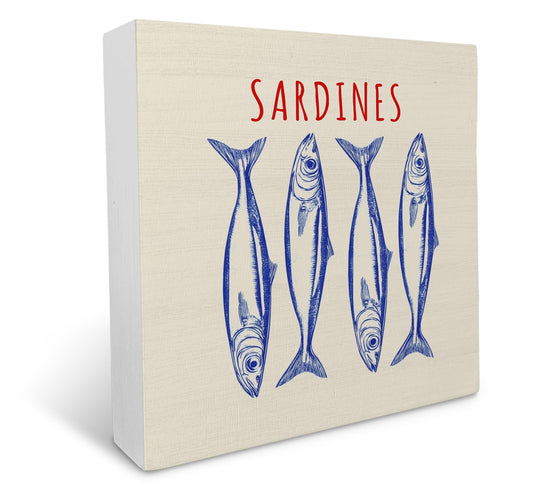 Ku-Dayi Coastal Beach Sardine Fish Wooden Box Sign, Vintage Coastal Sardine Beachy Wood Box Decorations for Home Office, Retro Ocean Fish Wooden Block Plaque Desk Shelf Decor 5x5 Inch