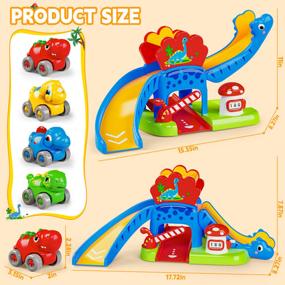 Toddler Toys Gifts for 1 2 Year Old Kids, Educational Dinosaur Slide Toy with 4 Cars for 12-18 Months Baby, First Birthday Chirstmas Gifts for Aged 1-3 Year Old, Push Car Track Toy for Boys Girls