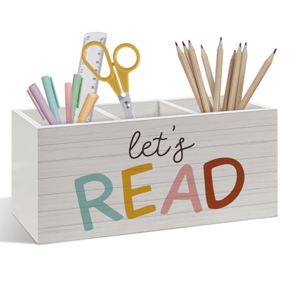 Foyoulame Book Lovers Gifts Pen Pencil Holder, Book Reader Gifts, Boho Desk Accessories, Let's Read Wooden Pen Pencil Organizer for Reading Room Corner Nook Classroom Library Desk Decor