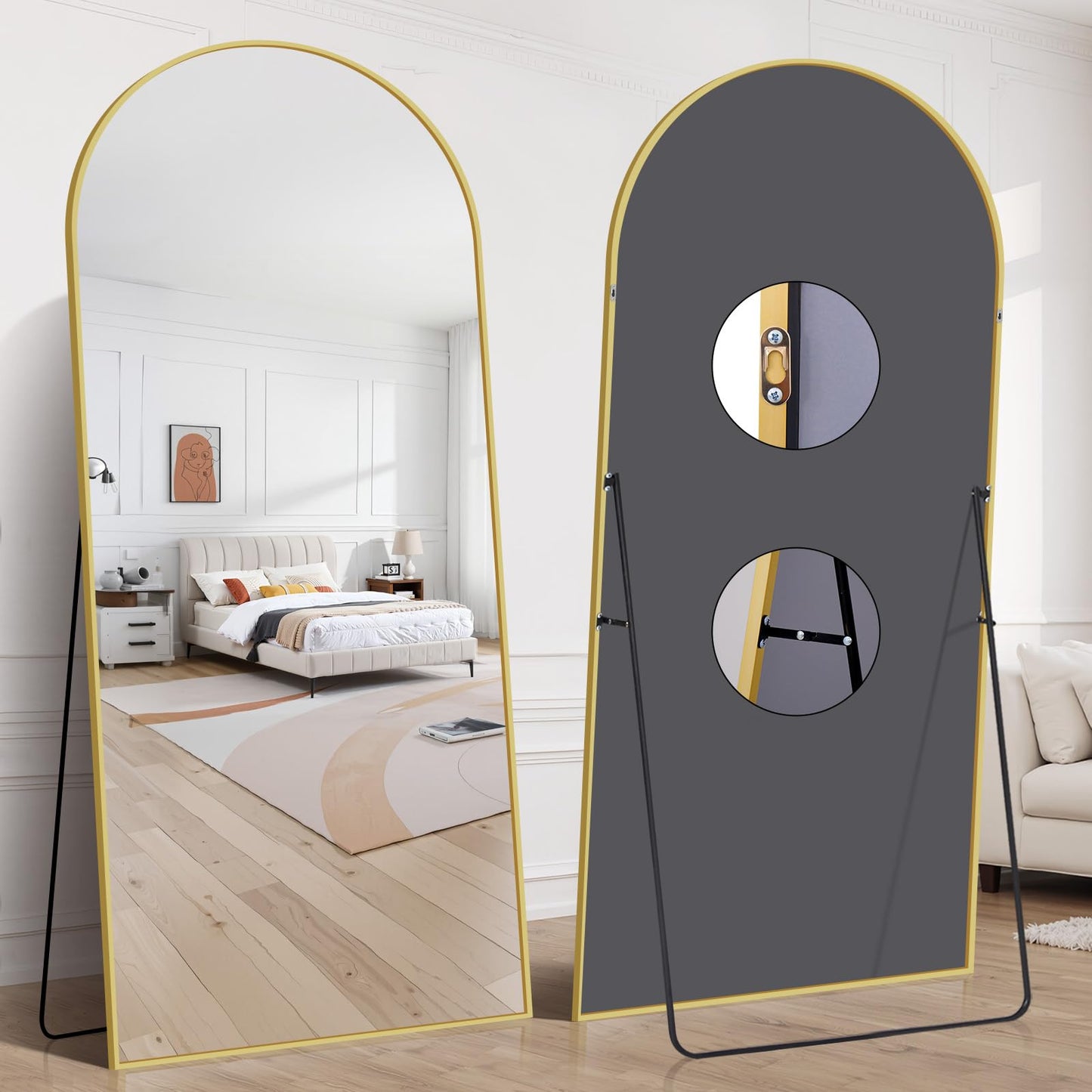 InfiniGlass 76"x34" Arched Full Length Mirror, Large Floor Mirror with Aluminum Alloy Frame Standing Hanging or Leaning Wall-Mounted Mirror, Vanity Mirror for Living Room and Bedroom,Gold