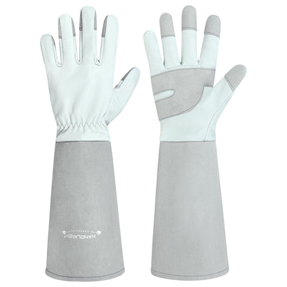 HANDLANDY Long Gardening Gloves for Men & Women, Thorn Proof Rose Pruning Gloves Leather Gauntlets Garden Glove Yard Work Glove (Silver Gray, Large)