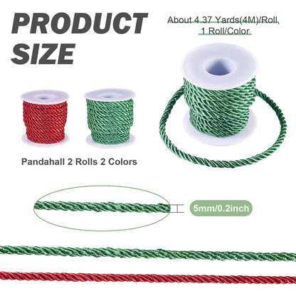 FASHEWELRY 8.74 Yards Christmas Twisted Cords 5mm Red Green Braided Silk Rope Cords Polyester Silk Cords for Macrame Bracelets Curtain Costumes Xmas Ornament, Crafts Making