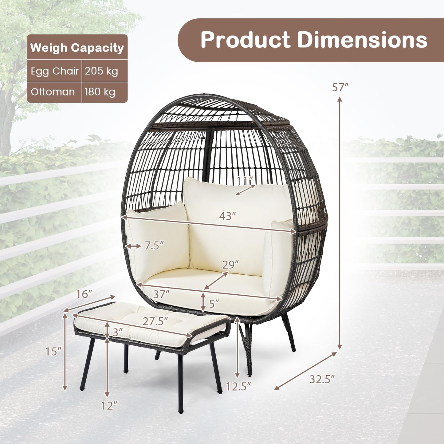 Tangkula Oversized Wicker Egg Chair with Ottoman, Patio Lounge Basket with 5 Soft Cushions, Stable Metal Frame, Gorgeous Indoor Outdoor Lounge Chair, Ideal for Living Room, Backyard, 450 LBS Max Load