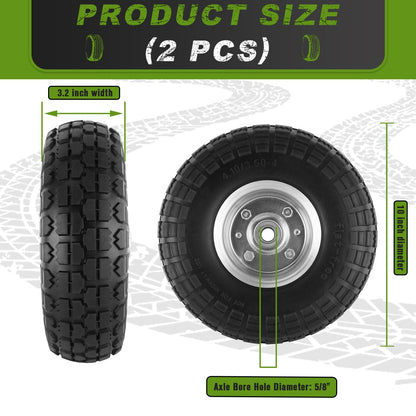 4 Pcs 4.10/3.50-4" Tire and Wheel Flat Free, 10 Inch Solid Rubber Tires with 5/8" Axle Bore Hole, 2.2" Offset Hub for Hand Truck, Wheelbarrow, Gorilla Cart, Garden Wagon Cart, Dolly, Utility Cart