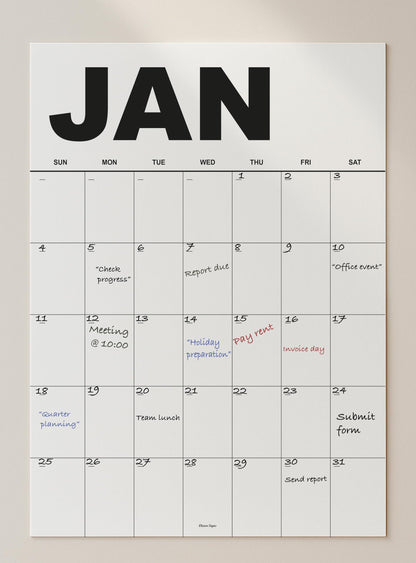 Dry Erase Undated Wall Calendar Planner – Minimal Black Design, Set of 12 A3 Monthly Sheets, Premium Thick Paper, Large Daily Boxes, Glossy Reusable Surface, Packed Flat – Not Folded