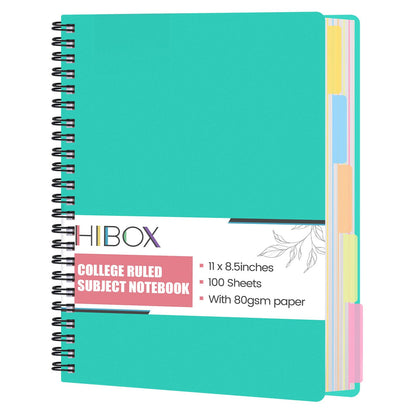 HIBOX Spiral Notebook with Tabs, 8.5x11inch Hardcover College Ruled Journals with Deviders 5 Subject Project Notebook Perforated Edges for School Office, Green
