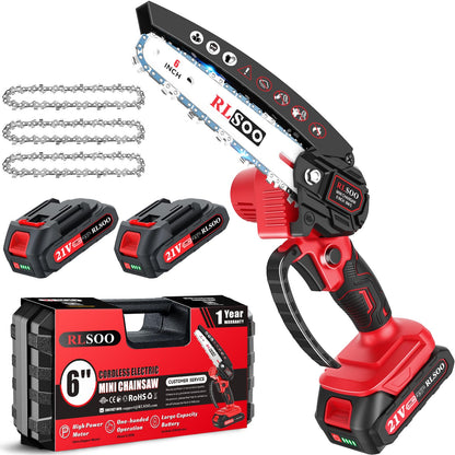 Mini Chainsaw Cordless, Upgraded 6 Inch Electric Handheld Battery Chain Saw with 2 Batteries and 3 Chains, Portable Small Tree Trimmer for Pruning Wood Cutting, Gift for Woman Seniors Dad Husband
