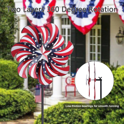 hogardeck 4th of July Wind Spinners Outdoor, Metal Wind Spinners with Stakes for Memorial Day Decorations, 360° Rotating Double Layers Windmill Yard Art for Outside Lawn Porch, Red White Blue