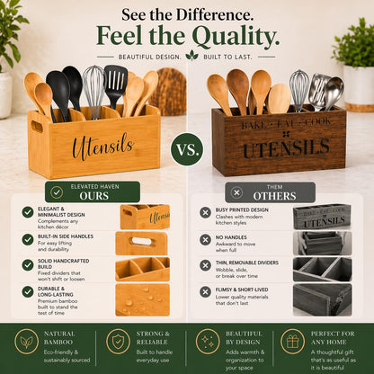 Bamboo Kitchen Utensil Holder for Countertop – Large 3-Compartment Organizer & Caddy with Drain Holes, Farmhouse Utensil Holder for Kitchen Counter, Rustic Wood Storage for Spoons & Spatulas
