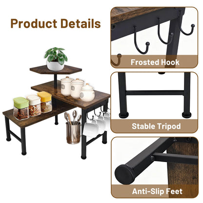 Uniqcovosa Kitchen Countertop Organizer, 3 Tier Moveable Corner Shelf Kitchen Shelf with Hook, Countertop Organizer for Bathroom, Spice Rack, Bookshelf, Coffee Area, Dresser Table (Brown)