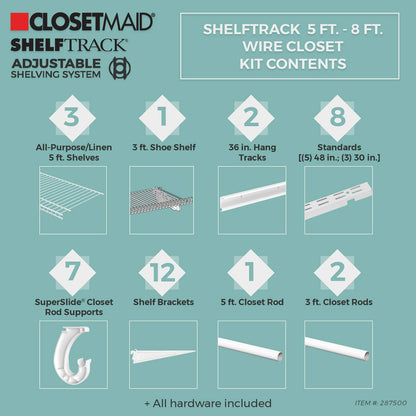 ClosetMaid ShelfTrack Wire Closet Organizer System, Adjustable from 5 to 8 Ft., with Shelves, Clothes Rods, Shoe Shelf, Hardware, Durable Steel, White