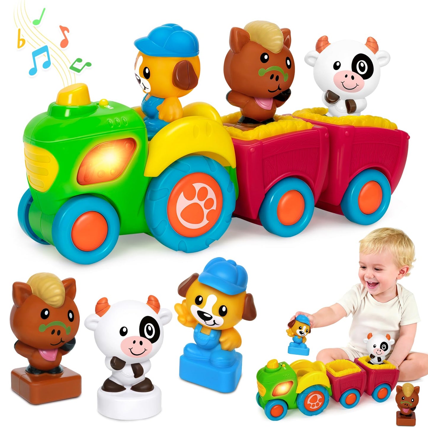 Animal Farm Tractor Toy for Toddler 1 2 3 Years Old, Musical Tractor Set with 3 Farm Animals, Montessori Learning Toy with Lights and Sounds, Christmas Birthday Gifts for Boys Girls 12 18 24 Months