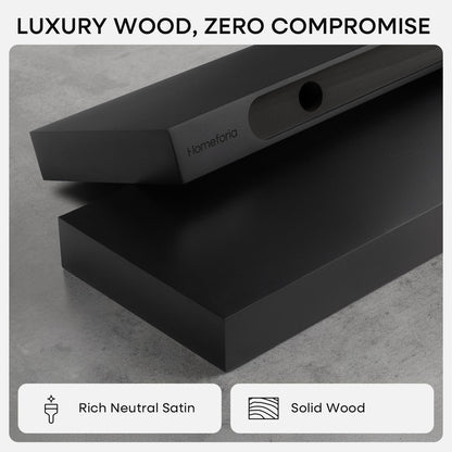 Homeforia Black Floating Shelves 24 inch, High End Solid Real Wood 24inch Bathroom Floating Shelf for Wall Mounted, Black Wooden 24in Floating Shelves, Heavy Duty Bracket, 24 X 6.5 X 1.75 in, Set of 2