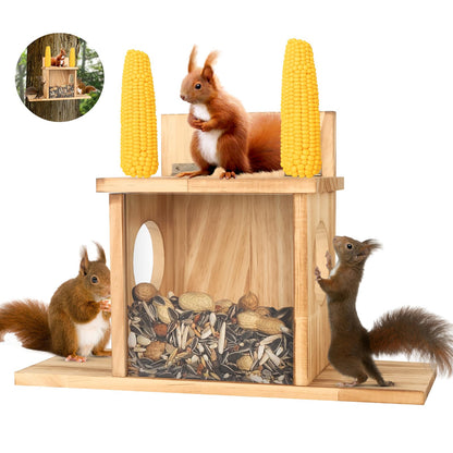Wood Squirrel Feeder, Squirrel Feeders for Outside Winter, Wooden Chipmunk Feeder Waterproof for Corn, Peanuts, Durable Box Easy to Fill with Removable Front Panel